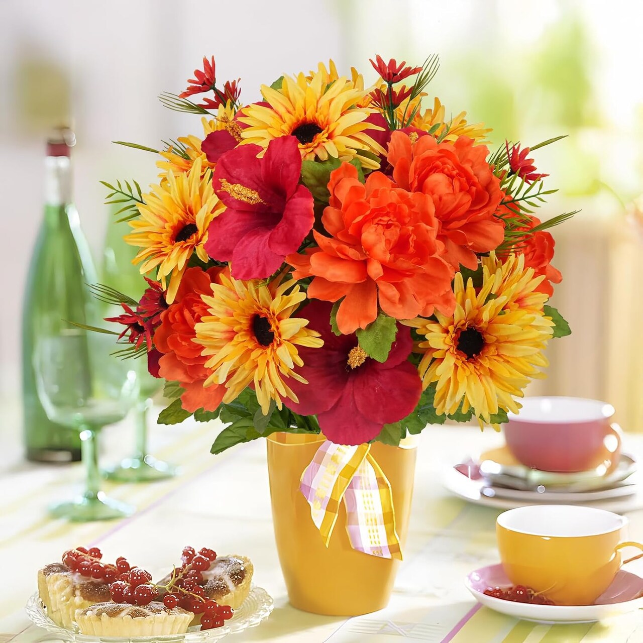 Summer Floral Arrangement – Silk Flowers for Home Decor, 7Pcs Artificial Daisy Wildflowers, Faux Flower Arrangements for Farmhouse Table Centerpiece